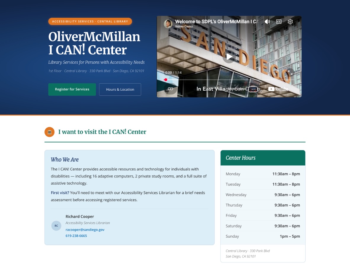 Redesigned I CAN! Accessibility Center — task-based, multi-section
